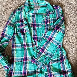 Green pink and blue plaid button up shirt